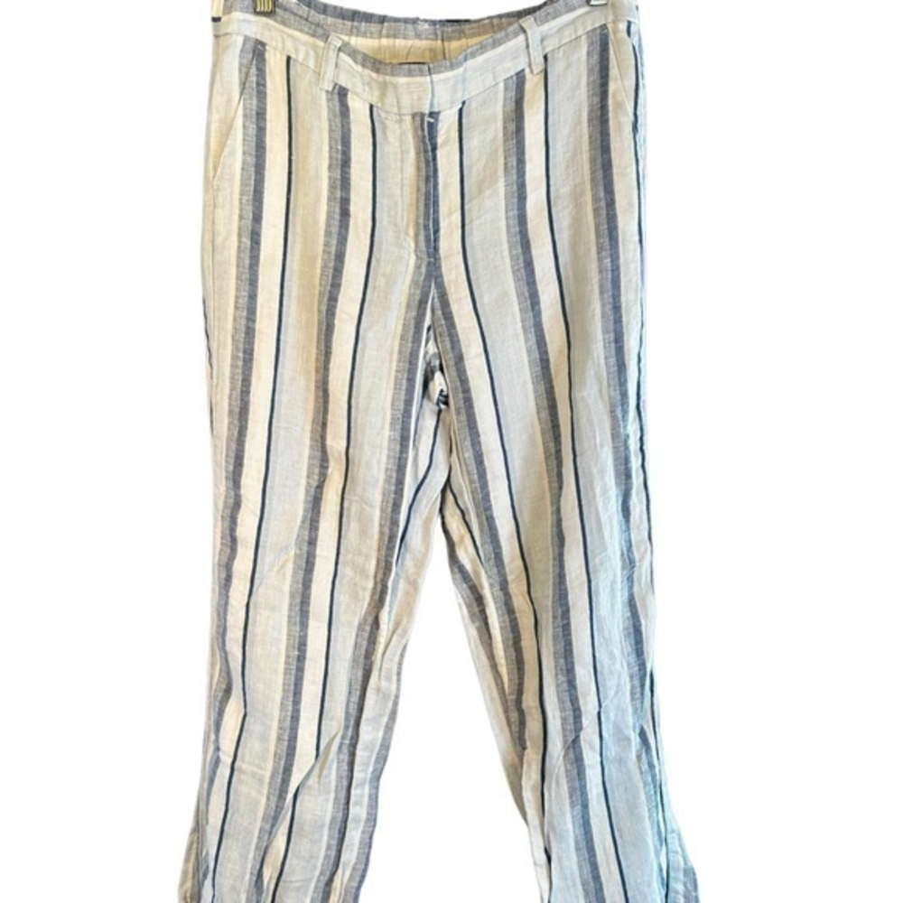Talbots linen pants size 8 with back stretch‎ waist blue and white striped